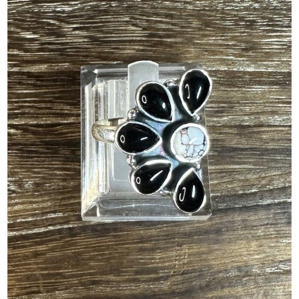Southwest Style Sterling Black Onyx & Wild Horse Cluster Statement Ring 8.75 Adj
